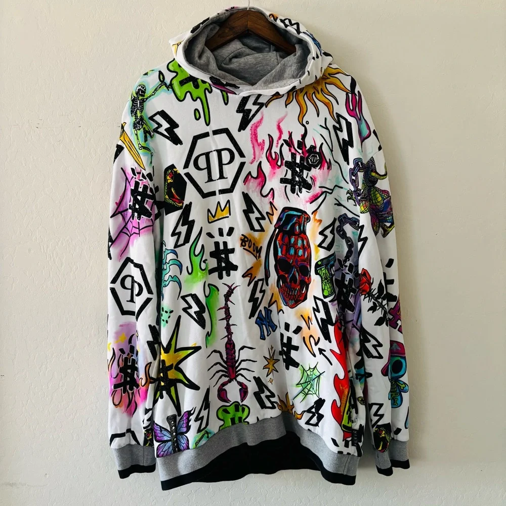 Philipp Plein Tracksuit Zipper‎ Jacket w/ Joggers Tattoo Punk Rocker White XXXL